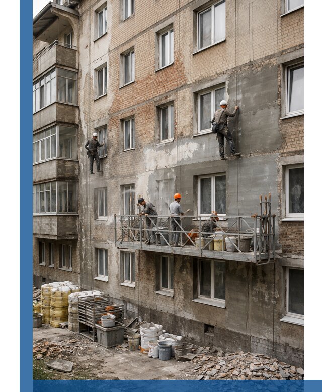 Капитальный ремонт фасада в Салавате с восстановлением и гидроизоляцией