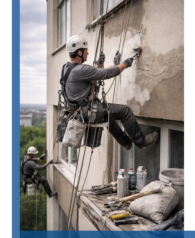 Косметический ремонт фасада зданий в Салавате промышленными альпинистами