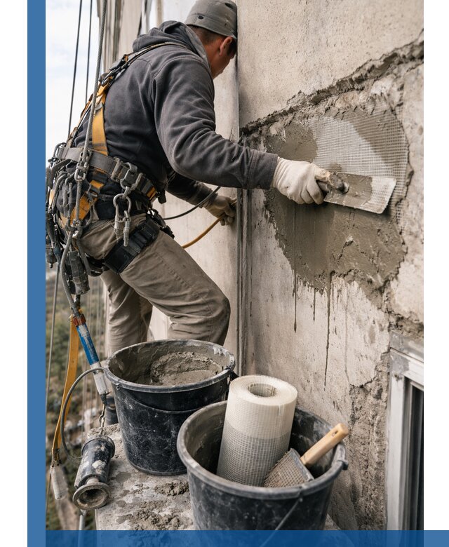 Ремонт бетонных элементов фасада промышленными альпинистами в Салавате