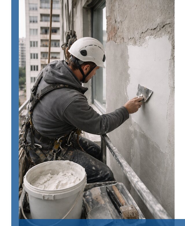 Шпаклевка фасадов на высоте с промальпинистами в Салавате