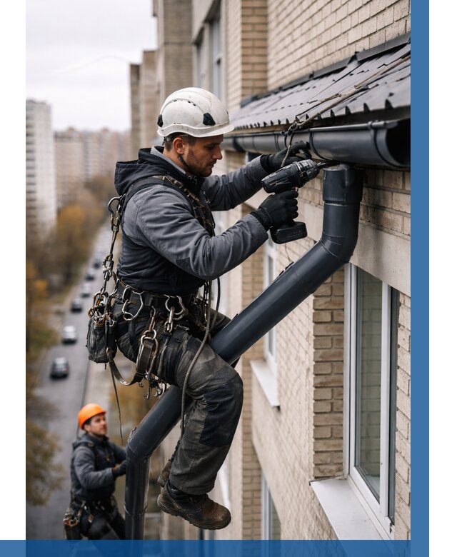 Монтаж водосточной системы на здании в Салавате от 5335 р. | ВЫСОТНИК-Слв