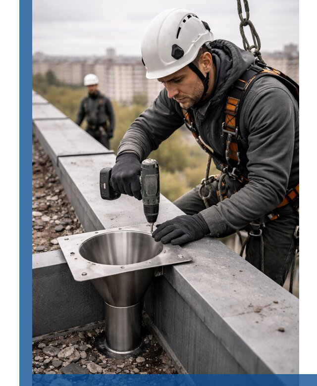 Монтаж водосточных воронок в Салавате для промышленных зданий