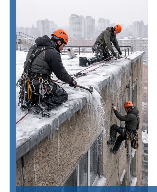 Удаление наледи с кровли в Салавате промышленными альпинистами
