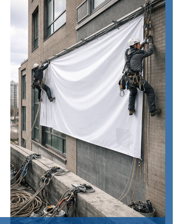 Монтаж баннеров на фасаде в Салавате от 693 р. заказать ВЫСОТНИК-Слв