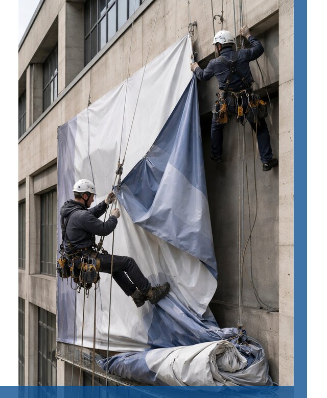 Демонтаж баннеров с фасада в Салавате от 4801 р. | ВЫСОТНИК-Слв