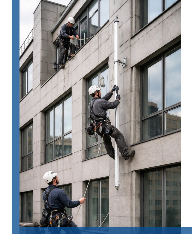 Монтаж флагштока на фасаде здания с креплением и герметикой в Салавате