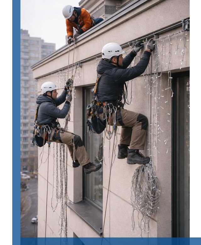 Монтаж праздничных гирлянд на фасаде в Салавате для зданий