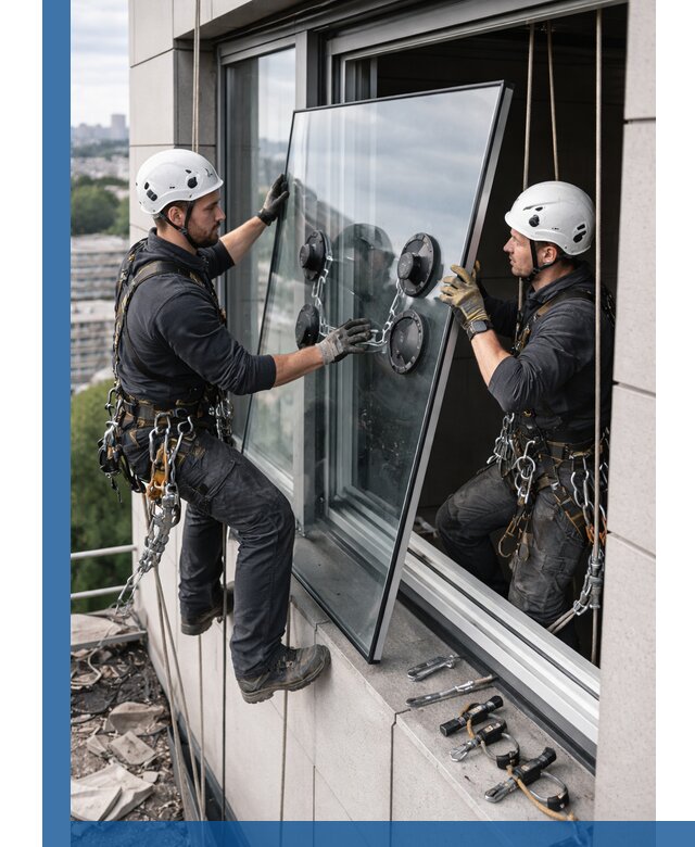 Замена стеклопакетов на высоте с промышленными альпинистами в Салавате