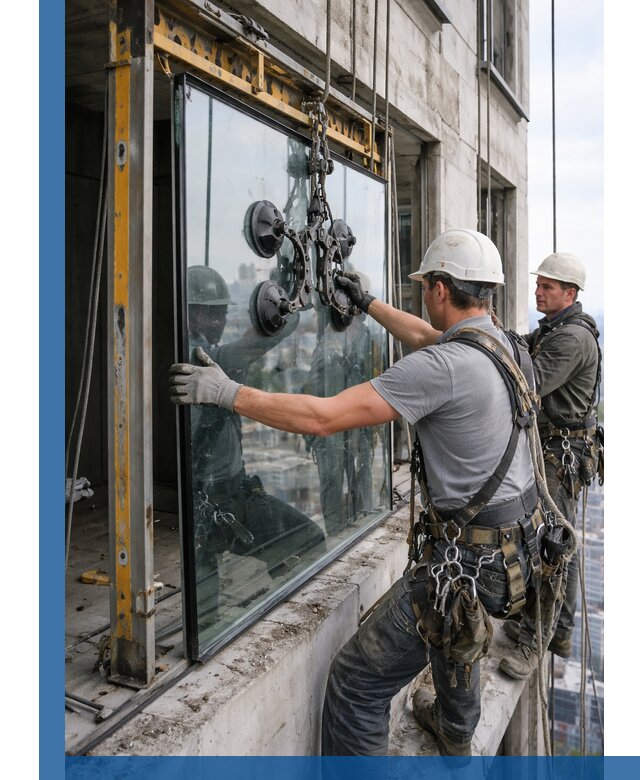 Монтаж стеклопакетов на высоте в Салавате с промышленным альпинизмом