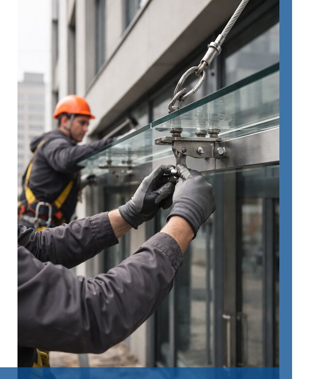 Монтаж стеклянных козырьков в Салавате от 9069 р. | ВЫСОТНИК-Слв