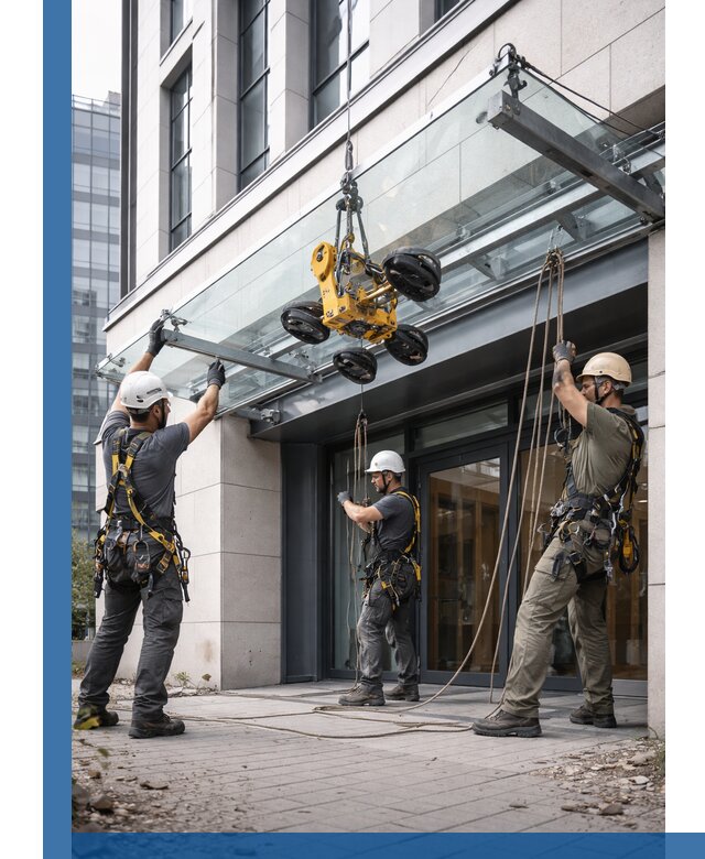 Монтаж стеклянных козырьков под ключ в Салавате для зданий