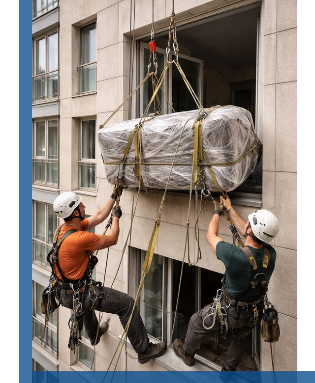 Подъем грузов через окно в Салавате промышленными альпинистами