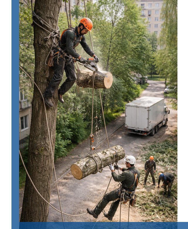 Спил деревьев альпинистами в Салавате, безопасно и без повреждений