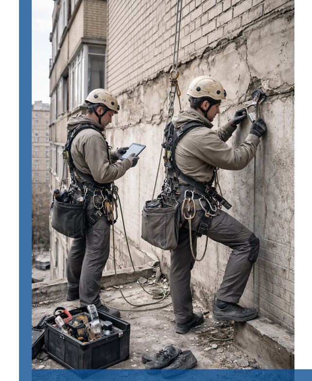 Обследование фасада промышленными альпинистами в Салавате